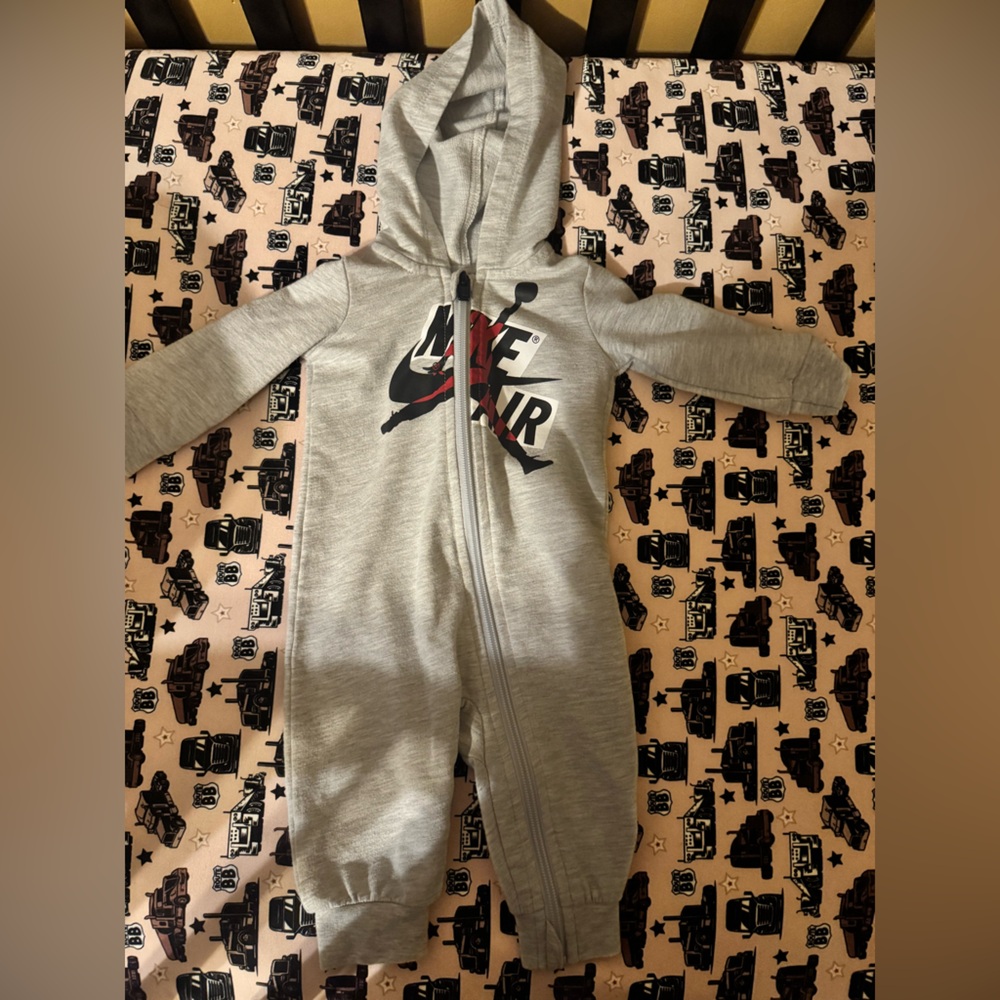 Nike Grey Hooded Baby One-Piece with Black and Red Jumpman Logo